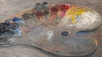Celso_Atelierbild_IX_1986_OelHartfaser_34x60cm