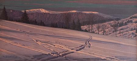 Dischler_Winterabend_im_Schwarzwald_Blick_nach_dem_Feldberg_1923_OelLw_34x72cm