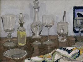 Schnarrenberger_Glas_auf_Holztisch_1955_OelPlatte_32x42cm